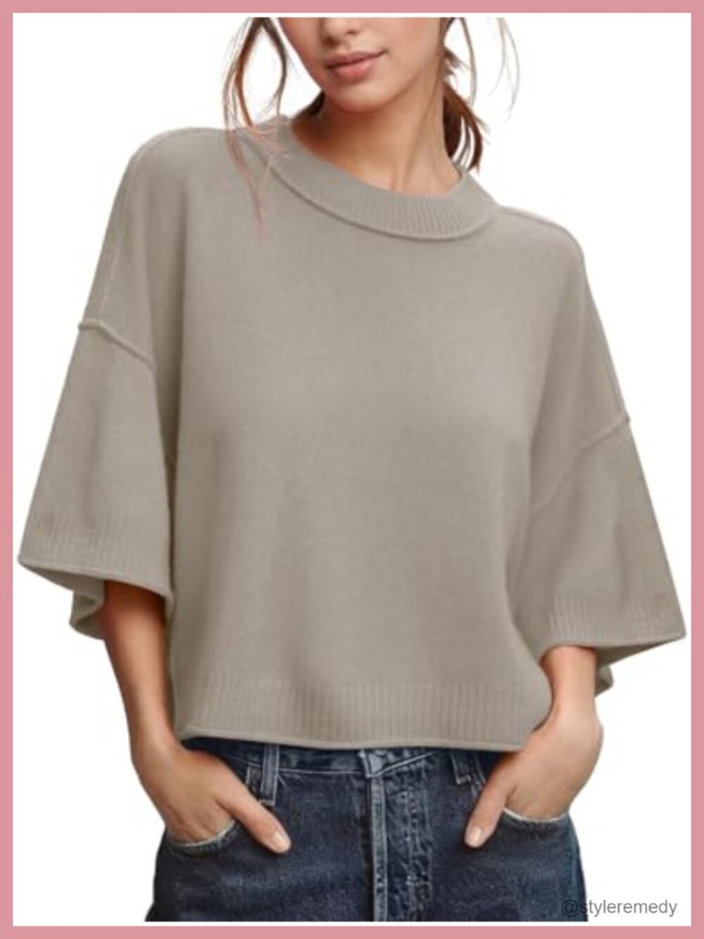 Oversized Cropped Short Sleeve Knit Pullover Sweater